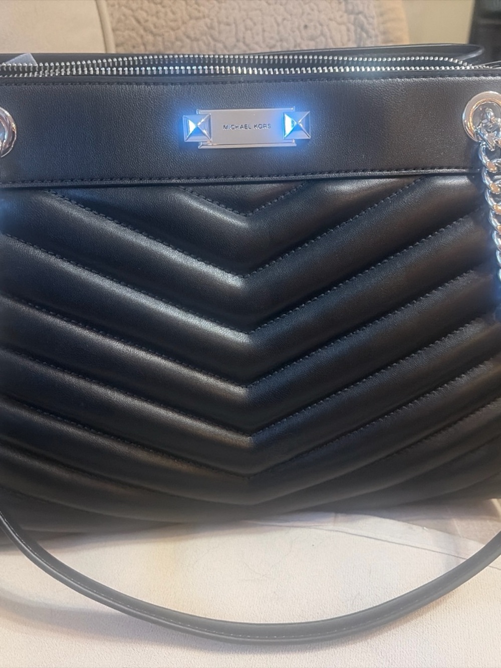 NWT Michael Kors Whitney Medium Quilted Chain Tote Black Silver $478
